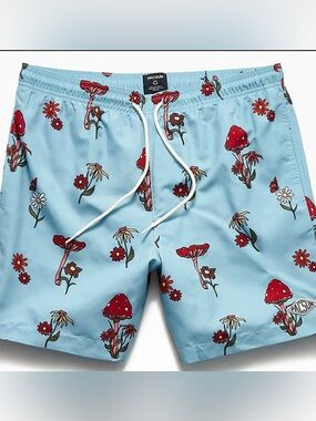 PacSun 7”Light Blue Floral & Red Mushroom Swim Shorts Beach Trunks Mens